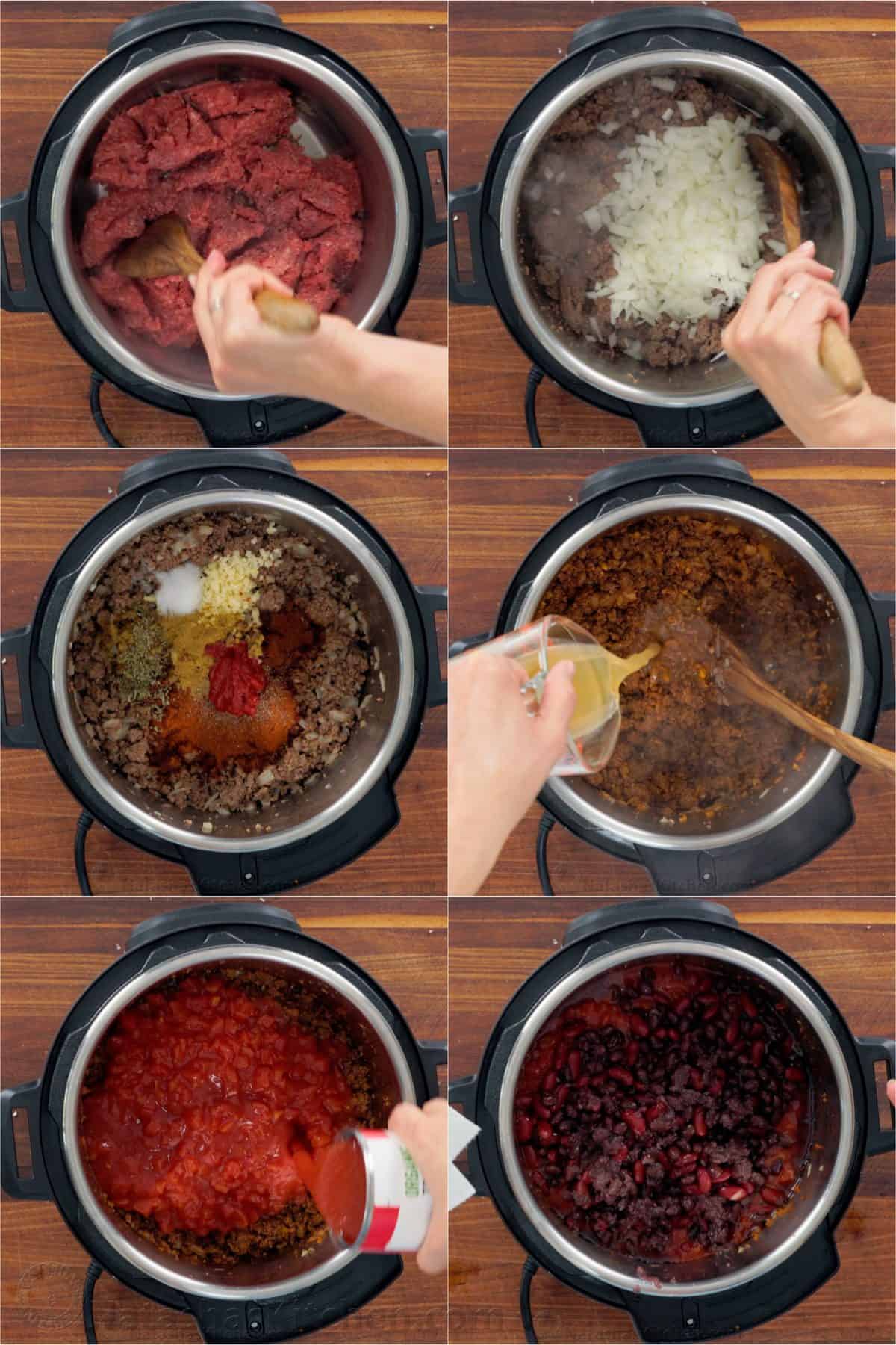 Six steps for making chili in the Instant Pot: browning ground beef, adding onion, adding spices and tomato paste, pouring in broth, adding tomatoes and layering beans on top